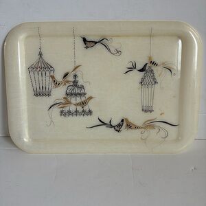 Mid Century cream resin TV tray gold and black birds bird cage vintage retro